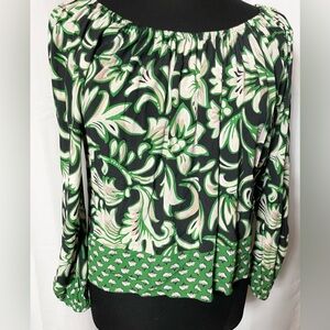 Karen Kane Top Blouse Womens Small Peasant Semi Sheer Floral Print Green
